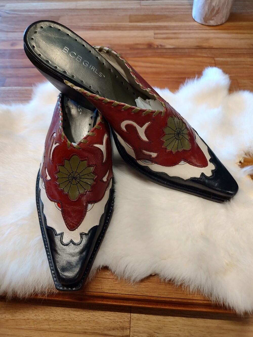 Y2K BCBG Leather Western Mules Slides Cowgirl Floral Applique Whip-Stitch 7.5 - Picture 5 of 13